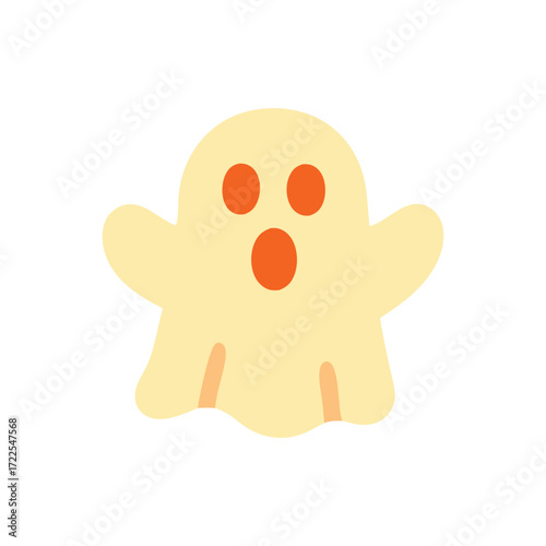 Spooky ghost emoji offwhite phantom with orange eyes and mouth whispers eerie secrets.