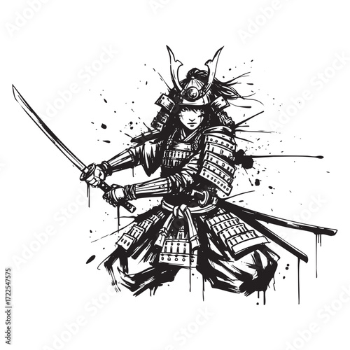 traditional Samurai with katana sword abstract brush sketch vector illustration