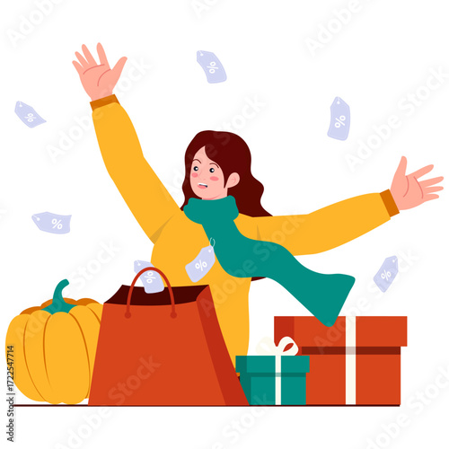 Sale celebration with woman gifts pumpkin and shopping bag