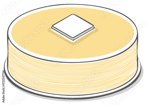 Simple cartoon illustration of a tall stack of breakfast pancakes with a pat of butter