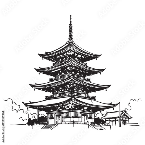 asian pagoda temple abstract brush sketch vector illustration