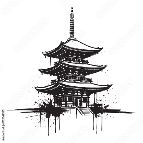 asian pagoda temple abstract brush sketch vector illustration