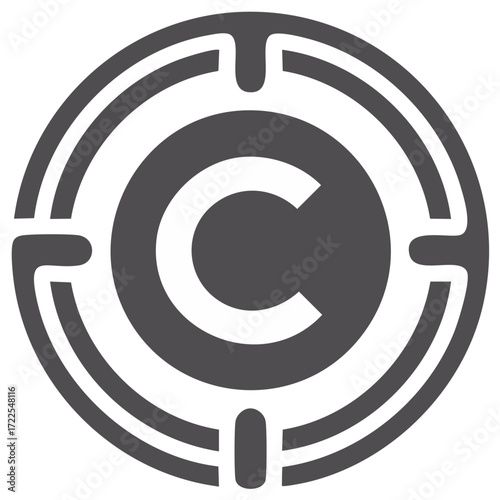 C letter initial logo inside a circular target and abstract maze graphic icon