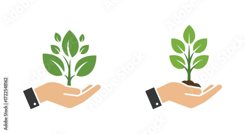Hands gently holding young green plants symbolizing growth and care