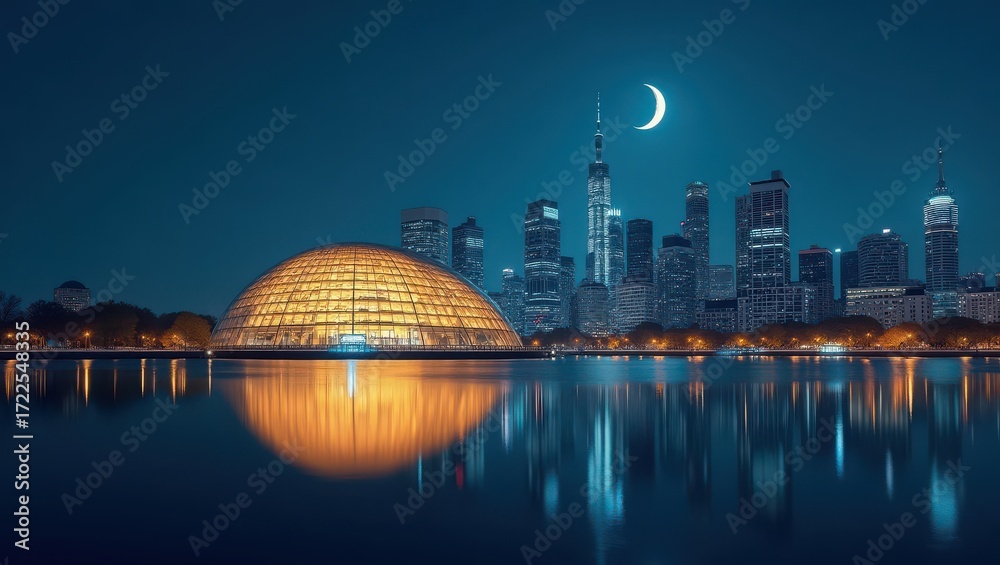 Naklejka premium Illuminated dome with city skyline reflecting under crescent moonlight