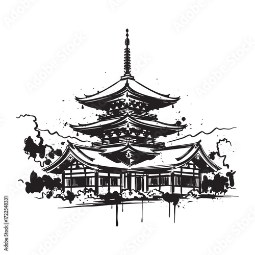 asian pagoda temple abstract brush sketch vector illustration