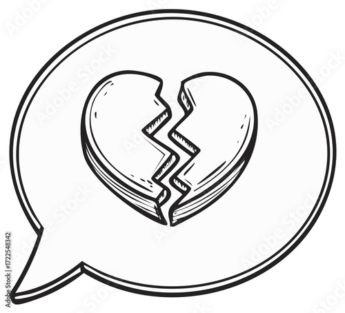 Broken heart graphic within a speech bubble. Vector outline illustration of a fractured symbol