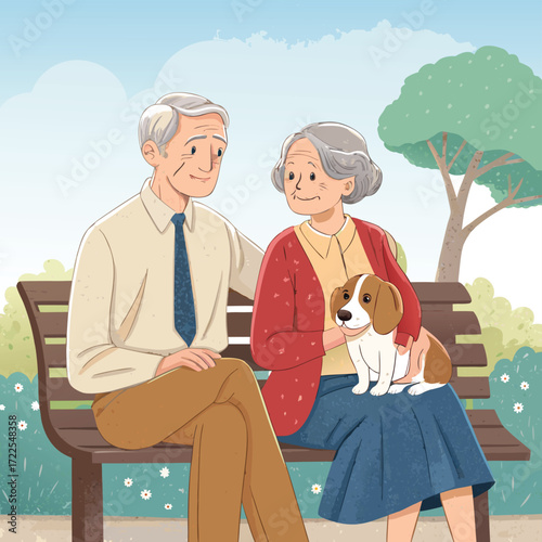 Vector art of a loving senior couple sitting on a bench in a park with their dog, enjoying a peaceful retirement and a strong family bond together