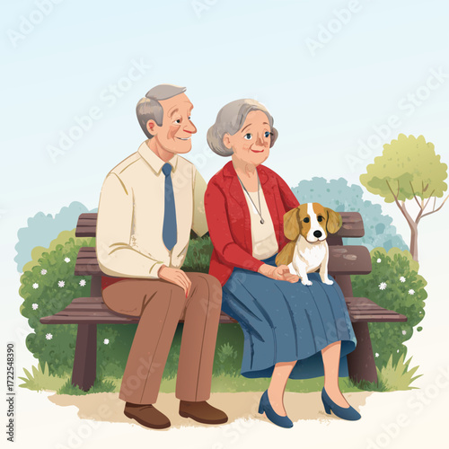 Vector art of a senior couple sitting on a bench in a park with their dog, enjoying retirement and love in a happy and caring relationship