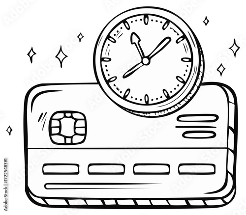 Hand drawn bank card with clock symbolizing time is money black and white