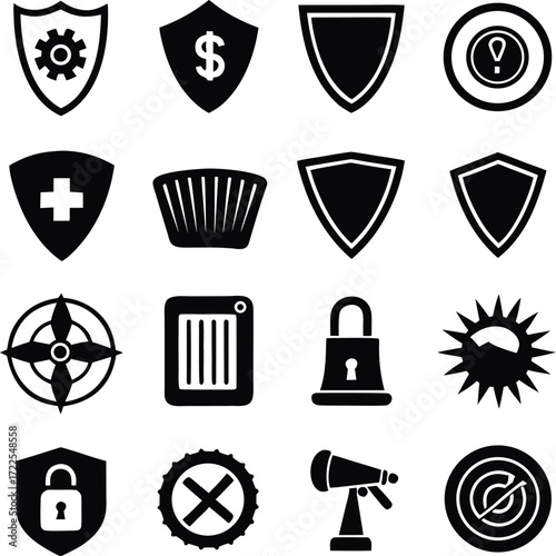 Collection of modern security and protection icons including shields locks and surveillance symbols for digital and physical safety applications