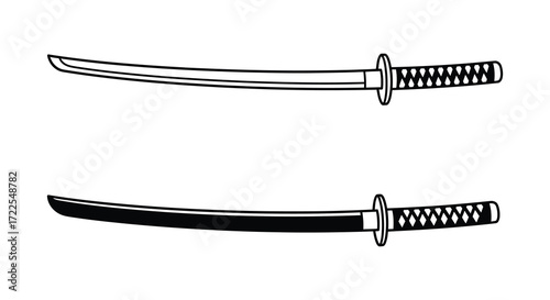 Two traditional japanese katanas depicted in a black and white sketch style