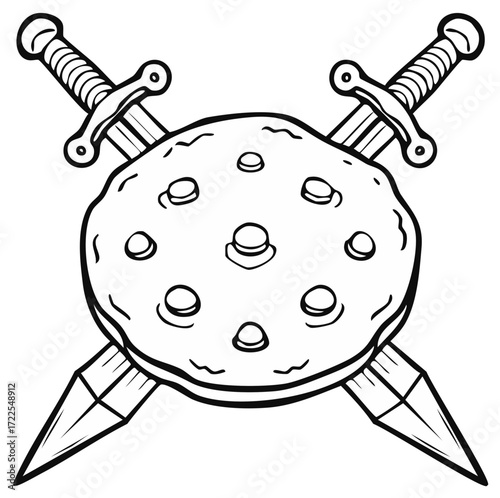 Stylized Shield and Swords, Black and White Vector Illustration, Armor Symbol