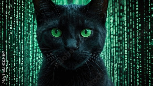 Mysterious black cat with glowing green eyes amidst an intricate green binary code background. Cyber attack concept, online security.