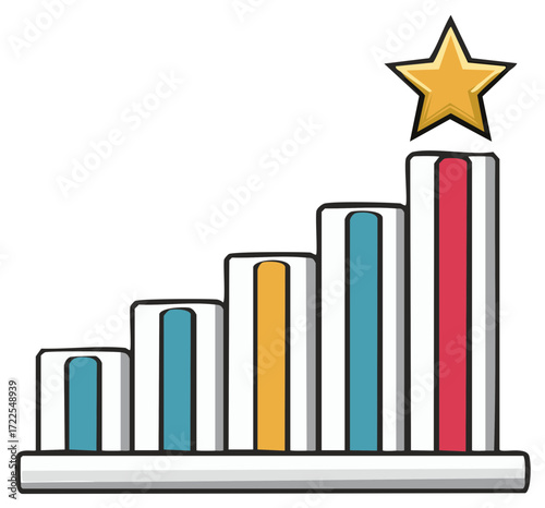 Growing bar chart with a golden star atop the highest bar symbolizing success achievement and progress