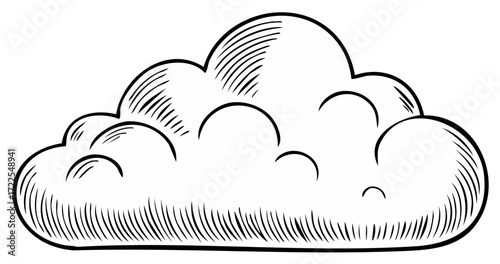 Vintage cloud drawing with hatching shading and bold outline on white