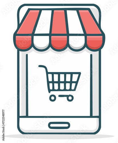 Online shopping concept with a mobile phone as a digital storefront with an awning and shopping cart icon