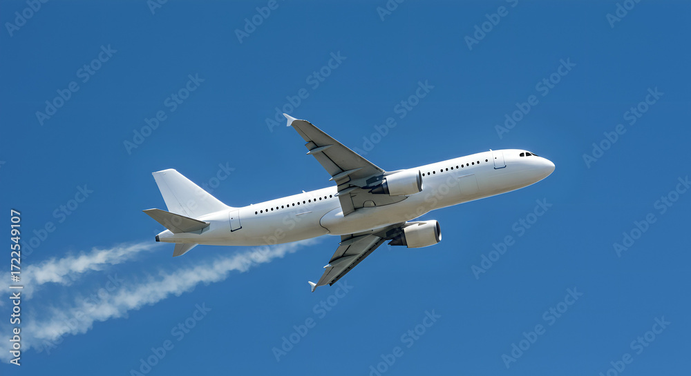 Fototapeta premium Corner View of White Passenger Aircraft Two Engine from Low Angle in Clear Sky