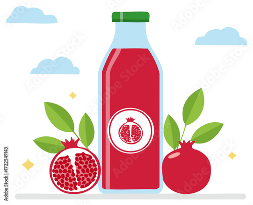 Fresh pomegranate juice in a glass bottle with whole and halved fruit flat vector illustration