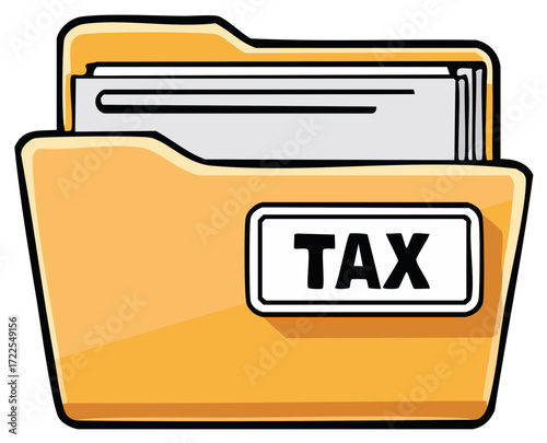 Yellow folder with TAX label and papers inside for financial organization