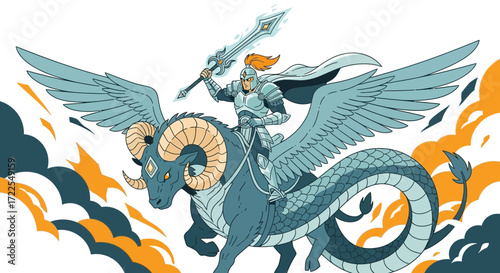 Winged Ram with Armored Rider and Sword.