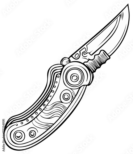 Stylized folding knife with intricate ornamental patterns and a sharp blade, black and white outline.