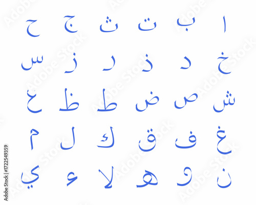 Arabic Hijaiyah alphabet in blue isolated on a white background. There are 30 letters of the Hijaiyah alphabet.