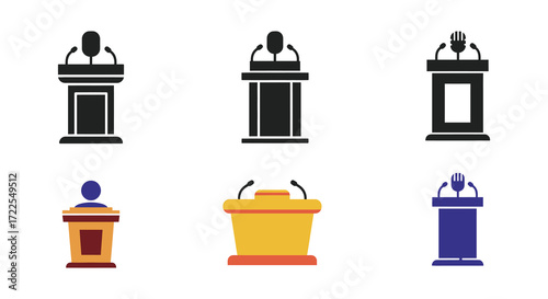 Collection of various podium and microphone icons in different styles