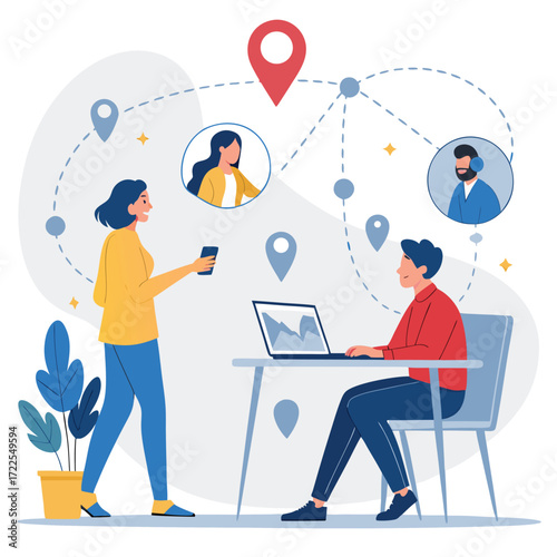 Vector art of team members connecting remotely through online meeting, collaborating on project, sharing ideas, and staying connected