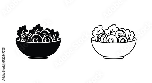 Two black and white illustrations of salad in round bowls presented