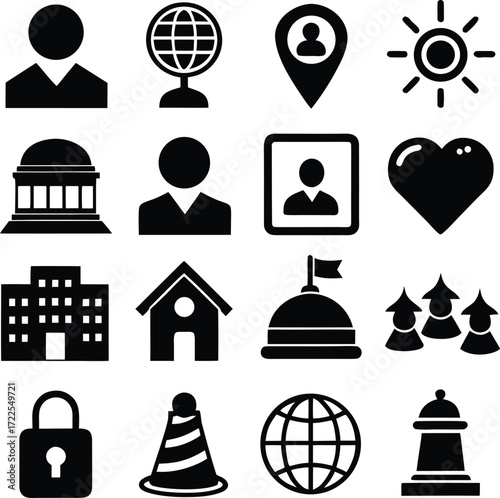 Collection of black and white icons representing people buildings locations and symbols for diverse applications