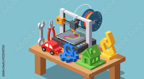 3D Printer with Various Printed Objects and Tools on a Wooden Table.