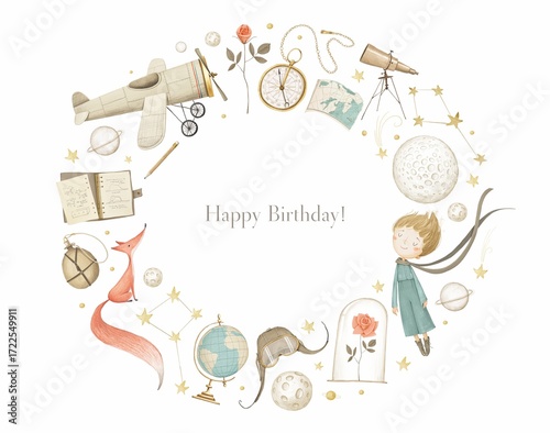 A little boy. Happy birthday card. Oval frame. White background.
