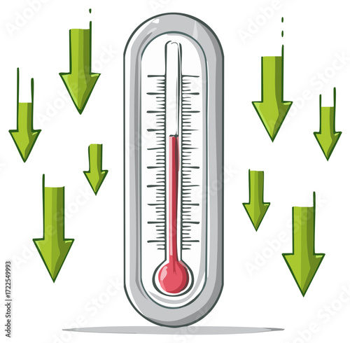 Hand drawn thermometer with red liquid showing a downward trend with green arrows