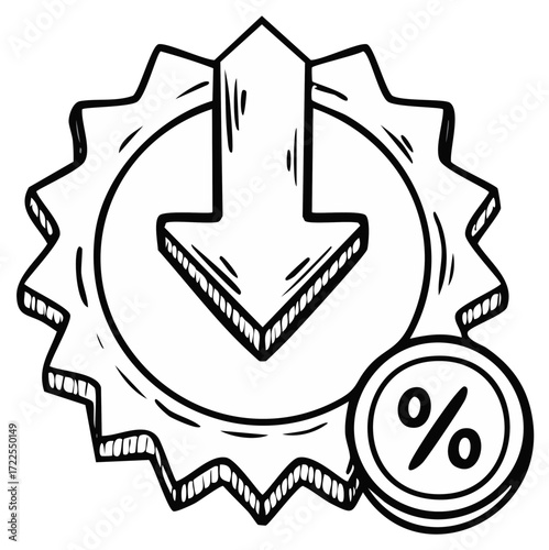 Discount price tag with percentage symbol and downward arrow in hand drawn illustration