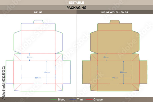 Angled flip top box packaging template in custom dimensions featuring detailed carton dieline and editable professional die line for packaging manufacturers