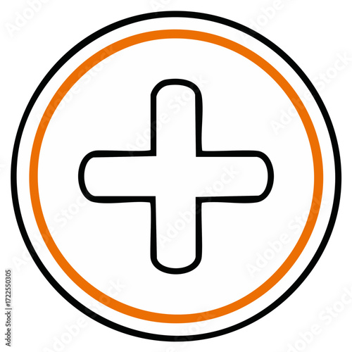 Simple hand drawn plus sign inside a circle with orange accent line