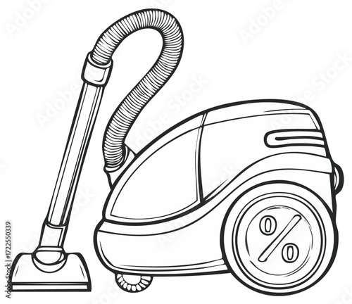 Modern vacuum cleaner with hose and nozzle in outline drawing style