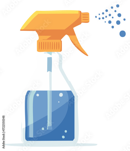 Plastic spray bottle with cleaning liquid spraying a fine mist vector illustration