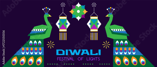 Traditional Indian festival Diwali. Happy Festival of lights Deepavali, peacock, rangoli Template  banner  Festive Burning diya background Vector abstract icon  illustration