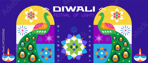 Traditional Indian festival Diwali. Happy Festival of lights Deepavali, peacock, rangoli Template  banner  Festive Burning diya background Vector abstract icon  illustration