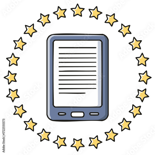 Digital reader with stars around. Illustration of ebook device, education concept