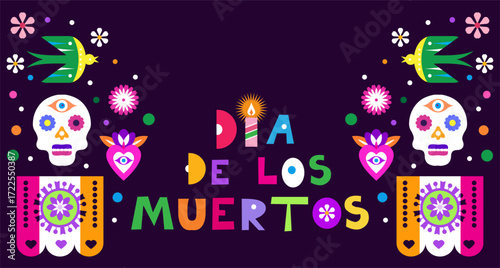Dia de Los Muertos, Day of the Dead or Halloween background Sugar skulls, candle,  guitar, sombrero, marigold flowers, Сalavera la Catrina skeleton Vector illustration