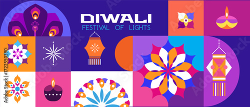 Traditional Indian festival Diwali. Happy Festival of lights Deepavali, peacock, rangoli Template  banner  Festive Burning diya background Vector abstract icon  illustration