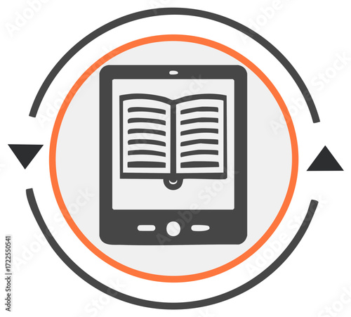 Digital e-reader tablet displaying open book icon for online education content library access
