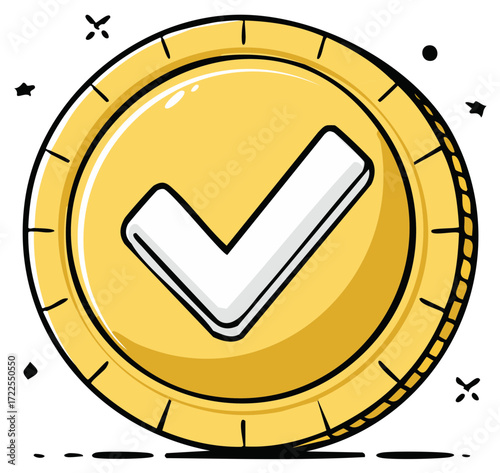 Cartoon Golden Coin with Tick Symbol Success Validation Confirmation Checked Element