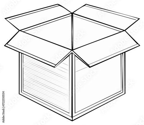 Open Cardboard Box Outline Illustration, Delivery and Storage Concept, Packaging and Moving, Unpacking