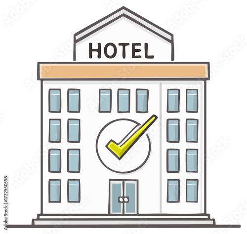 A hand drawn illustration of a hotel building with a large yellow check mark for confirmed booking or reservation
