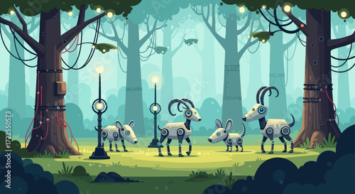 A group of stylized, skeletal goats with glowing eyes stand in a mystical forest setting.