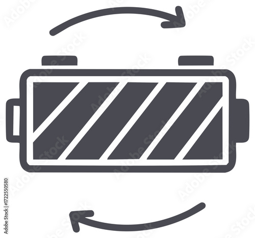 Battery charging with arrows depicting energy flow and renewable source symbol